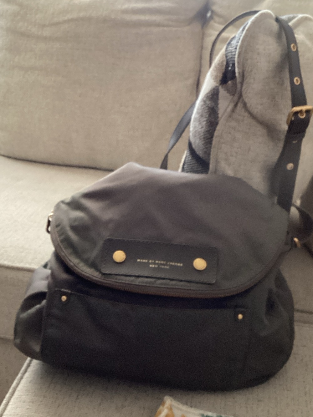 Marc by Marc Jacobs Black Nylon Flap Backpack with Gold Hardware